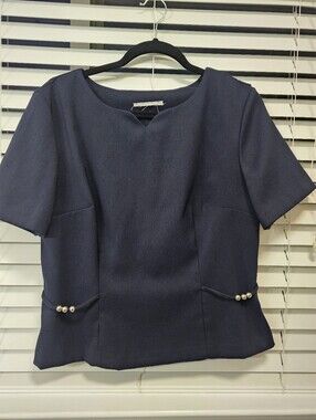 Women's Navy Short-Sleeve Silver Bead Detail Top With Skirt